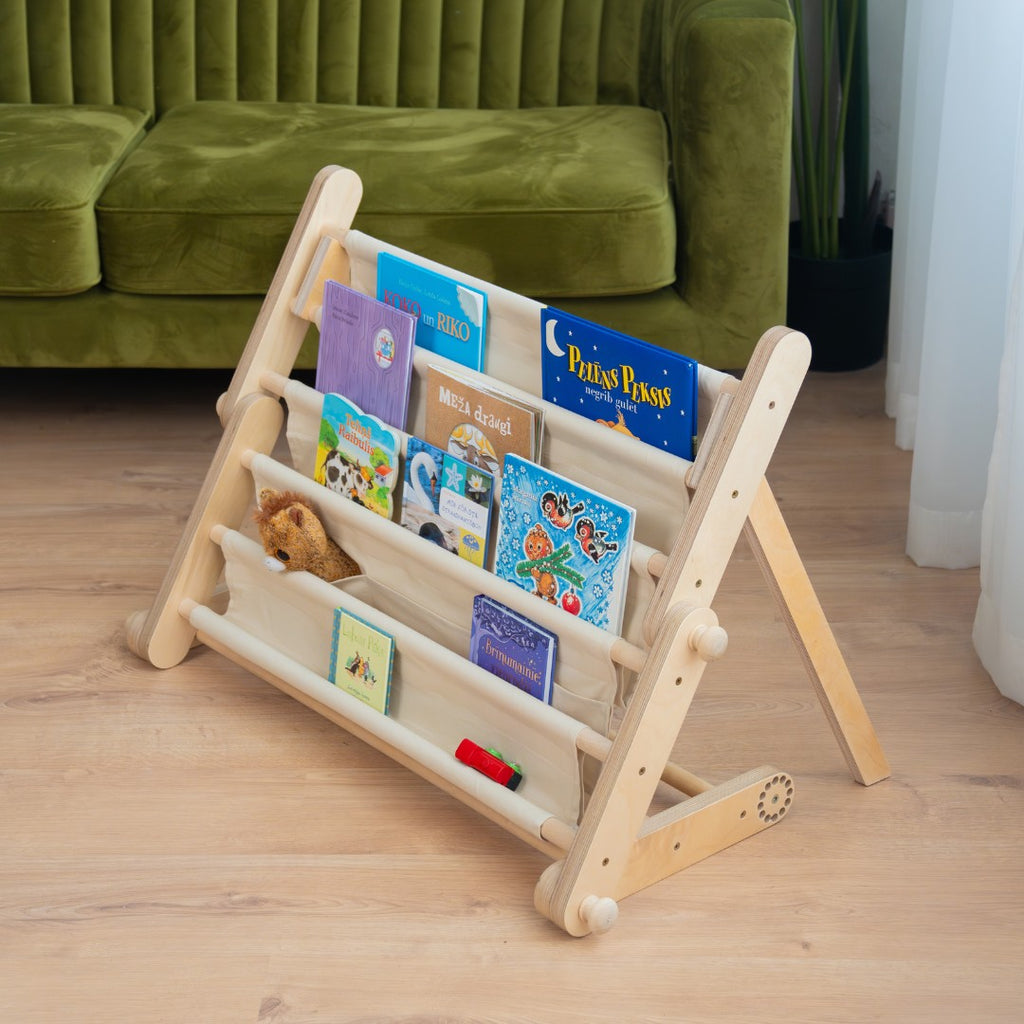 Montessori knygų lentyna – papildinys laipiojimo rėmams